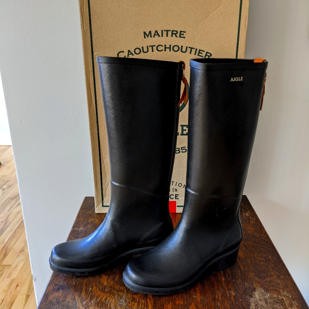 Aigle Black Tall Rain Boots with Orange Pull Tabs